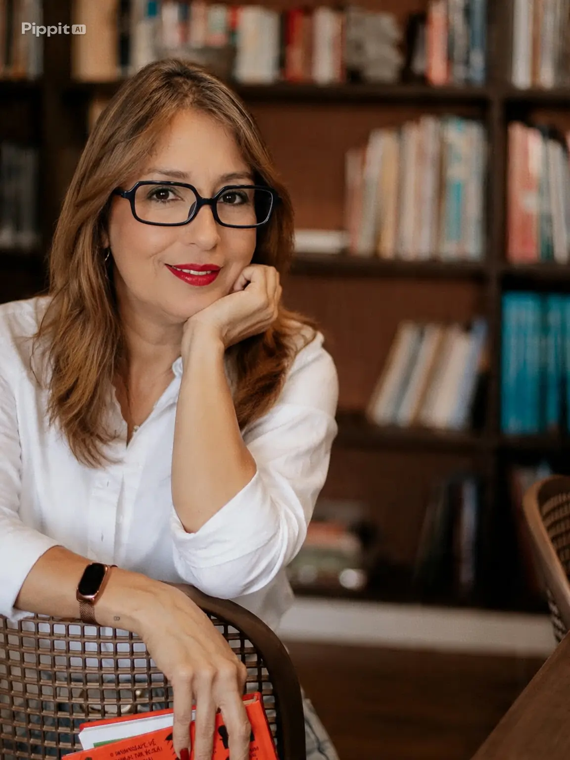 Telma Gaspar em uma biblioteca